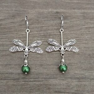 Ancient silver dragonfly green beads