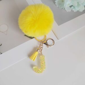 Yellow letter fur ball pendant/J / One piece is also wholesale price