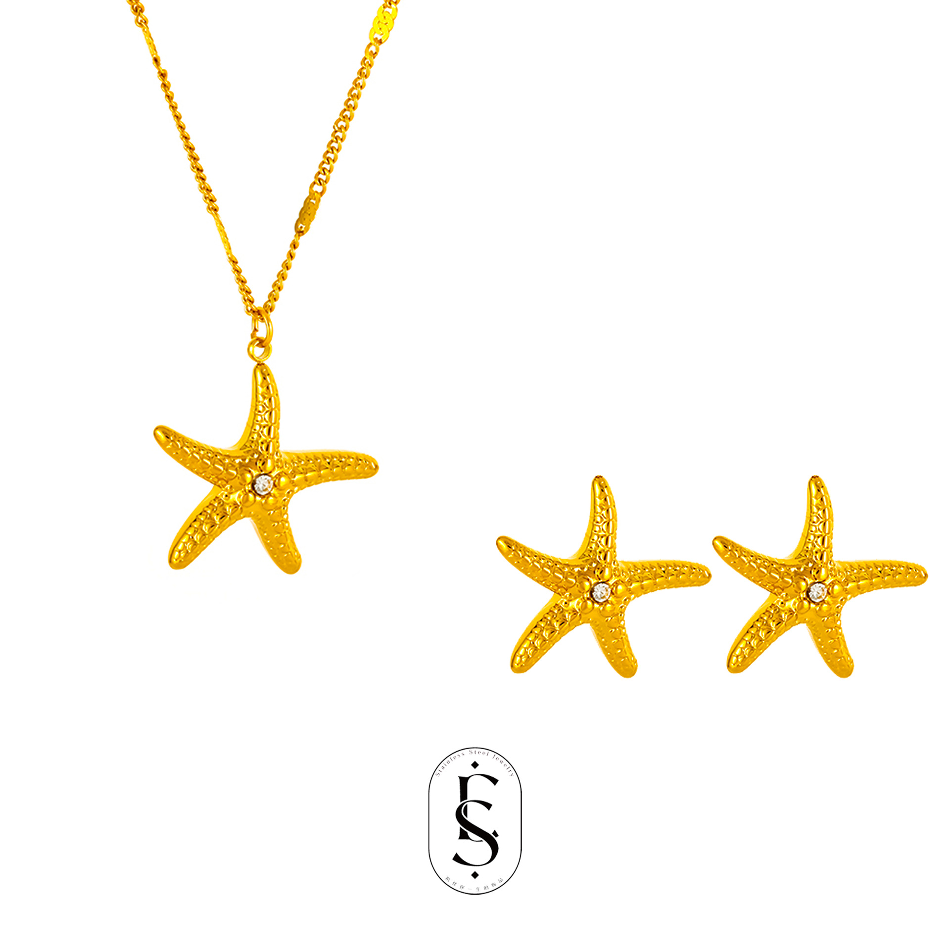 Wholesale Summer Little Starfish Diamond-Studded Necklace and Earrings Stainless Steel Jewelry Set