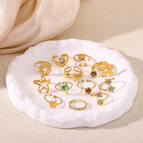 Wholesale Stainless Steel Geometric Pearl Gold Flower Star Open Ring