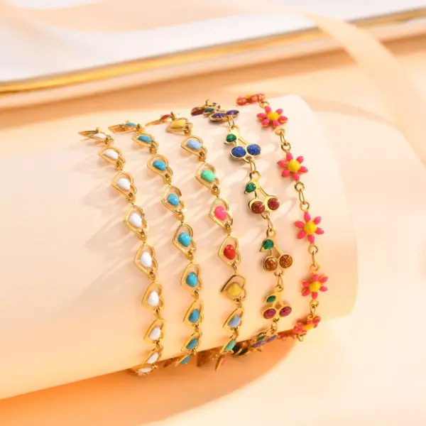 PVD Coated Real Gold Plated 18K Cherry Heart Shape Flower 201 Stainless Steel Vacation Beach Sweet Waterproof Non Tarnish Epoxy Bracelets