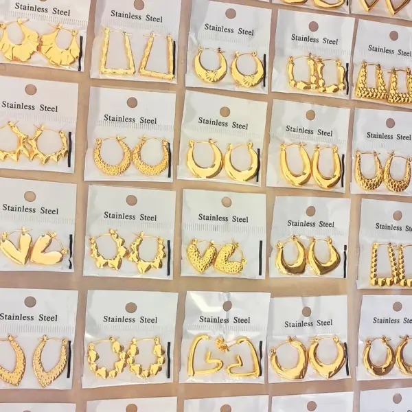 Stainless Steel Earrings Plated 18K Gold Geometric Hammered Texture Oil Pressure Earrings For Women Simple