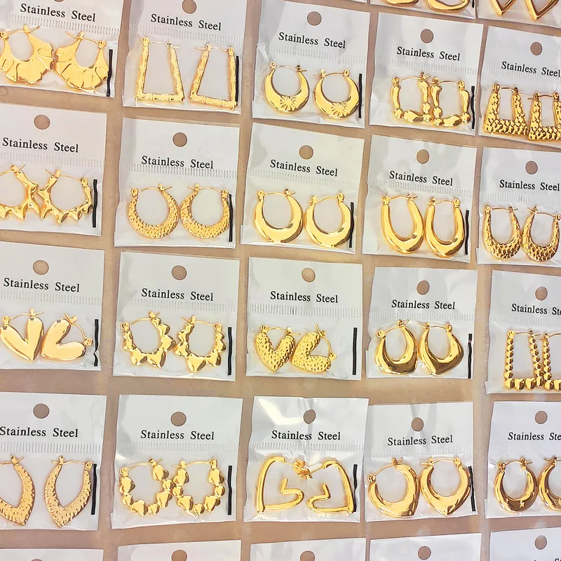 Wholesale Stainless Steel Earrings Plated 18K Gold Geometric Hammered Texture Oil Pressure Earrings For Women Simple