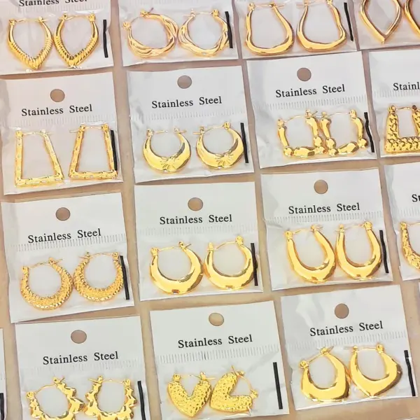 Stainless Steel Earrings Plated 18K Gold Geometric Hammered Texture Oil Pressure Earrings For Women Simple