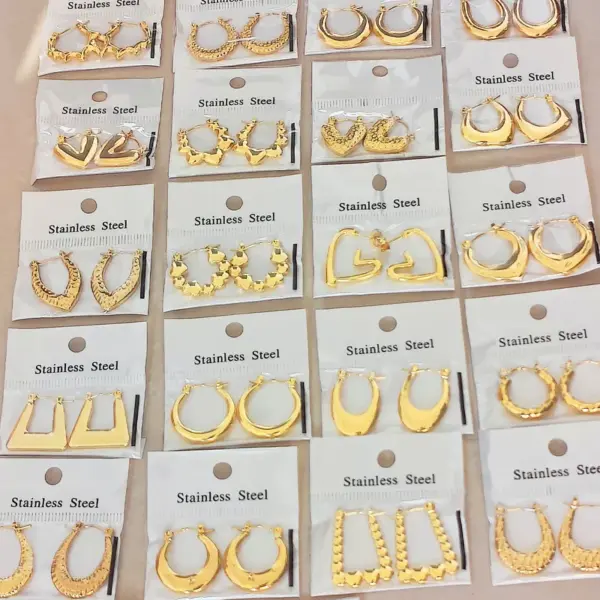 Stainless Steel Earrings Plated 18K Gold Geometric Hammered Texture Oil Pressure Earrings For Women Simple