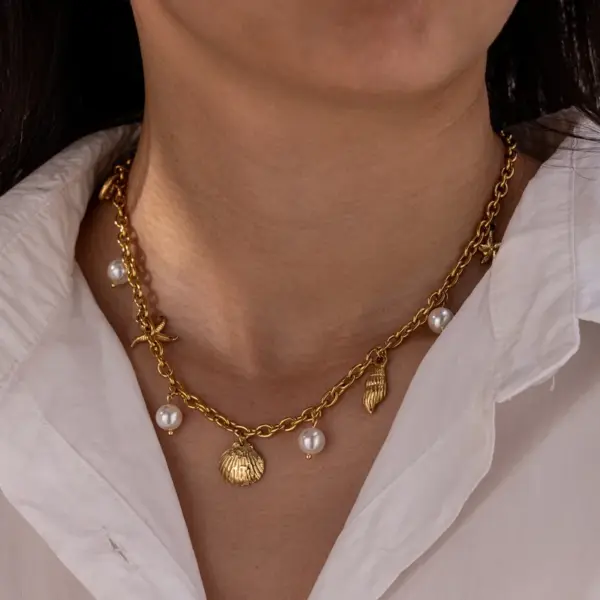 Starfish Jewelry Set For Women, Electroplated 304 Stainless Steel With 18K Real Gold PVD Coated And Pearl Inlay, Featuring Cable Chain