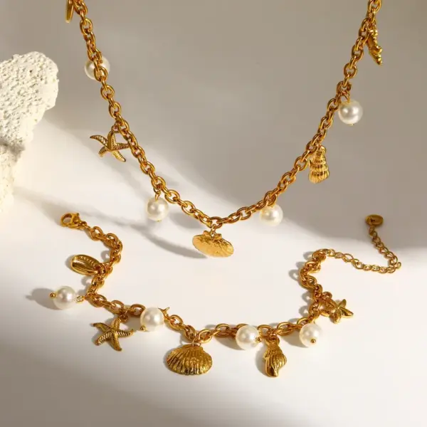 Starfish Jewelry Set For Women, Electroplated 304 Stainless Steel With 18K Real Gold PVD Coated And Pearl Inlay, Featuring Cable Chain