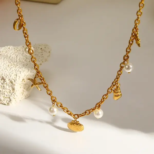Starfish Jewelry Set For Women, Electroplated 304 Stainless Steel With 18K Real Gold PVD Coated And Pearl Inlay, Featuring Cable Chain