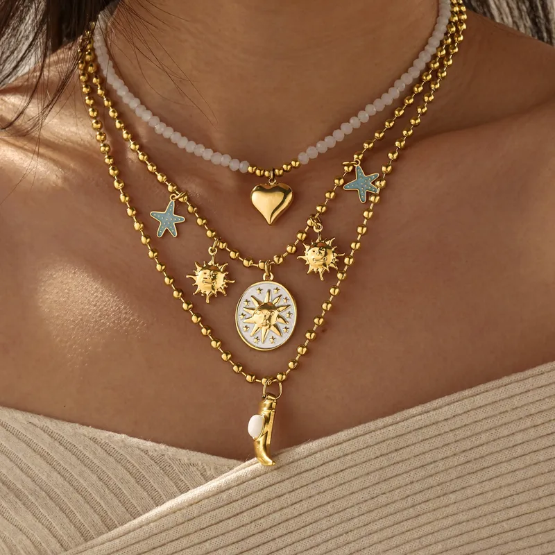 Wholesale Sun Necklace For Women In 201 Stainless Steel With 18K Gold PVD Coating 0.03µm, Stone Inlay, Beaded Chain