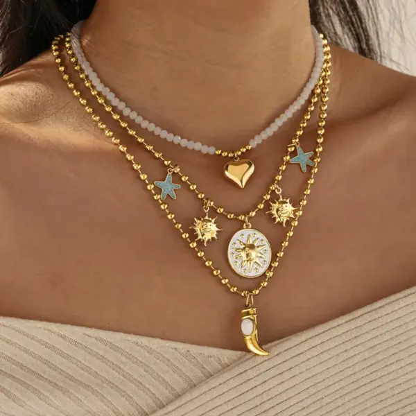 Sun Necklace For Women In 201 Stainless Steel With 18K Gold PVD Coating 0.03µm, Stone Inlay, Beaded Chain