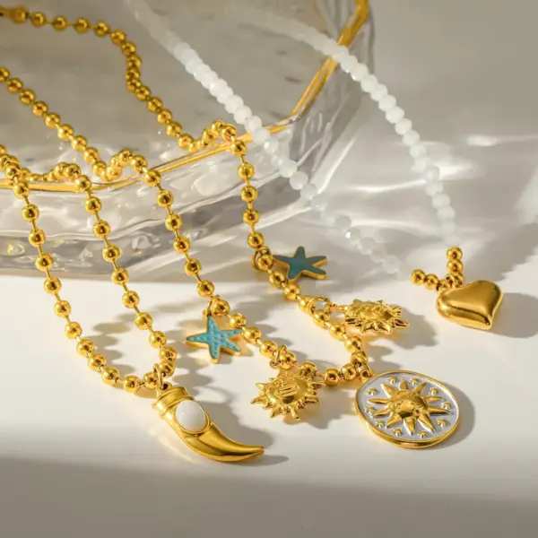 Sun Necklace For Women In 201 Stainless Steel With 18K Gold PVD Coating 0.03µm, Stone Inlay, Beaded Chain