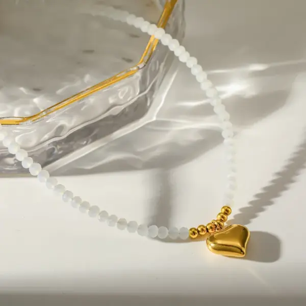 Sun Necklace For Women In 201 Stainless Steel With 18K Gold PVD Coating 0.03µm, Stone Inlay, Beaded Chain