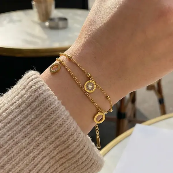 Waterproof Non Tarnish Women's Circle Bracelet In 316 Stainless Steel With 18K Gold Plated PVD And Rhinestone Slider Chain