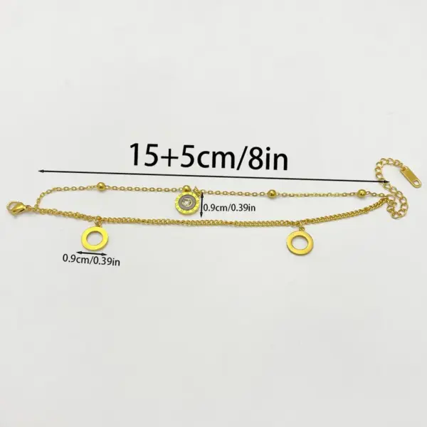 Waterproof Non Tarnish Women's Circle Bracelet In 316 Stainless Steel With 18K Gold Plated PVD And Rhinestone Slider Chain