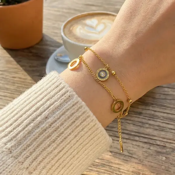 Waterproof Non Tarnish Women's Circle Bracelet In 316 Stainless Steel With 18K Gold Plated PVD And Rhinestone Slider Chain