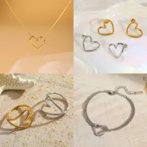 Wholesale Jewelry Elegant Simple Style Heart Shape 304 Stainless Steel Copper 18K Gold Plated Hollow Out Cable Chain Pendant Necklace Rings Bracelets