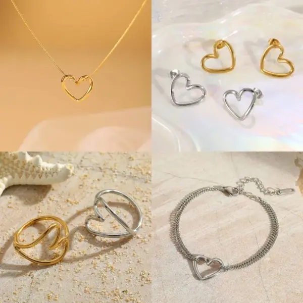 Wholesale Jewelry Elegant Simple Style Heart Shape 304 Stainless Steel Copper 18K Gold Plated Hollow Out Cable Chain Pendant Necklace Rings Bracelets