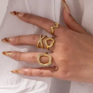 Women’s Crossover Open Ring In 304 Stainless Steel With 18K Real Gold Electroplated Water Plating And Zircon Inlay