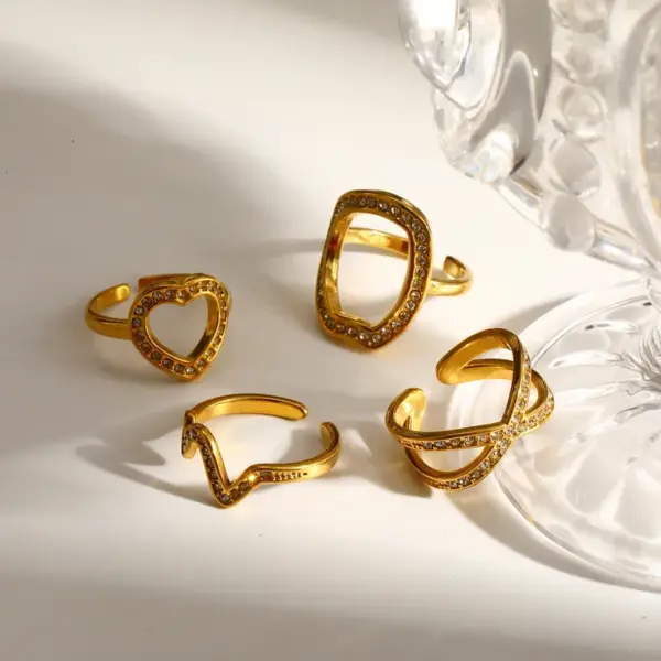 Women’s Crossover Open Ring In 304 Stainless Steel With 18K Real Gold Electroplated Water Plating And Zircon Inlay