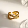 Women’s Crossover Open Ring In 304 Stainless Steel With 18K Real Gold Electroplated Water Plating And Zircon Inlay