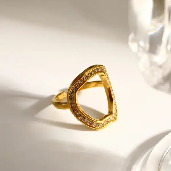 Women’s Crossover Open Ring In 304 Stainless Steel With 18K Real Gold Electroplated Water Plating And Zircon Inlay
