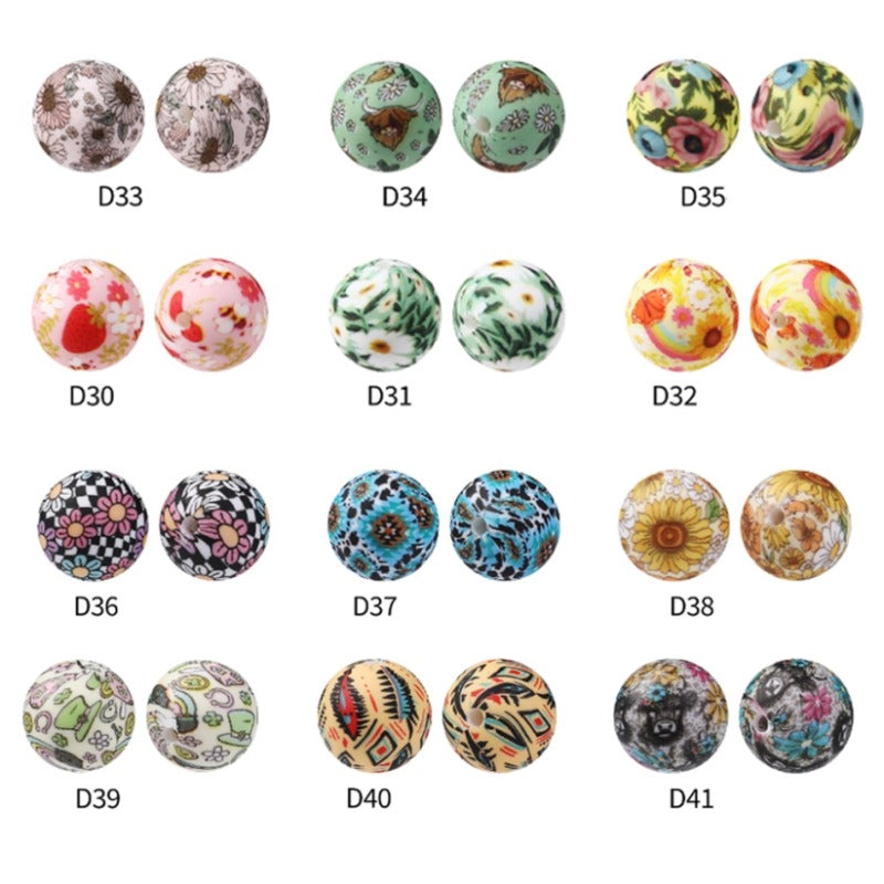 Wholesale 15mm Leopard Print Water Transfer Round Silicone Beads