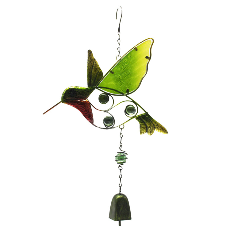 Wholesale Hummingbird Metal Wind Bell Handmade Glass Painted Crafts Square Bell Creative Courtyard Garden Kingfisher Hanging