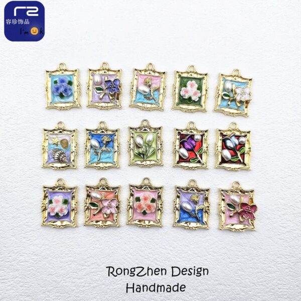 Wholesale Vintage Photo Frame Famous Painting French Earrings Necklace Pendant DIY Oil Painting Flower Monet Garden Alloy Oil Dropping Accessories