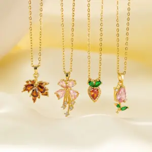 Wholesale Titanium Steel Copper Plating Heart Shape Flower Bow Knot Pendant Necklace