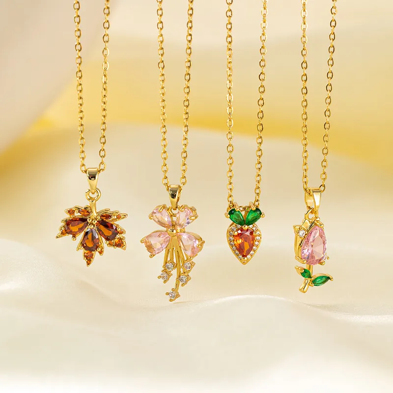 Wholesale Titanium Steel Copper Plating Heart Shape Flower Bow Knot Pendant Necklace