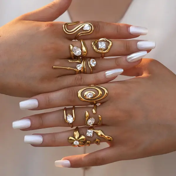 Summer Ladies 18K Gold Plated Stainless Steel Cubic Zirconia Ring Adjustable Size Elegant Luxury Romantic Jewelry Accessories