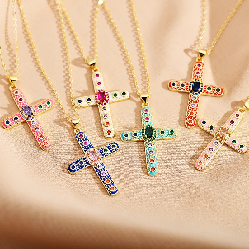 Wholesale Copper Cross Electroplating Zircon Copper Plated Roman Style Enamel Plating Inlay Cable Chain Lobster Trier Clasp Closure Pendant Necklace