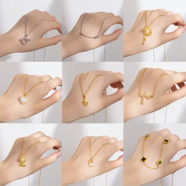 Wholesale Titanium Steel Fashion Plating Four Leaf Clover Heart Shape Artificial Pearls Zircon Pendant Necklace