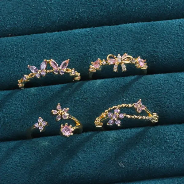 Wholesale Jewelry Cute Romantic Sweet Colorful Heart Shape Petal Copper Artificial Rhinestones Artificial Diamond Rhinestones Inlay Open Rings