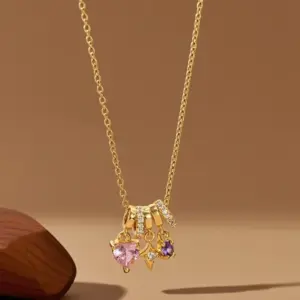 X08301 [Copper Pendant] Star Pink Diamond Heart Necklace - / Gold