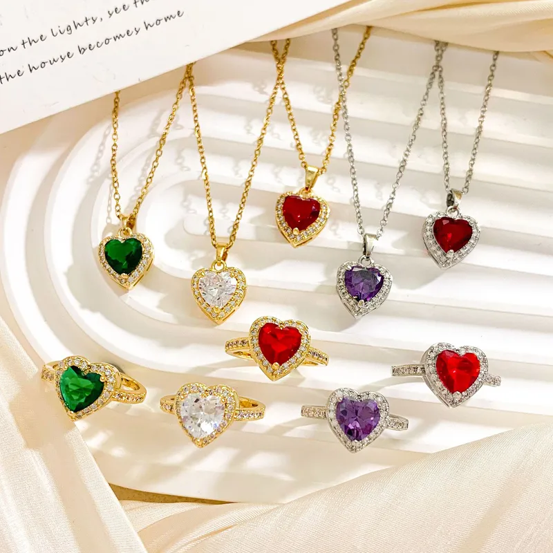 Wholesale Gem Heart Necklace Classic Ocean Centerpiece Women's Jewelry Fashionable 304 Stainless Steel Copper Sweet Style Necklace