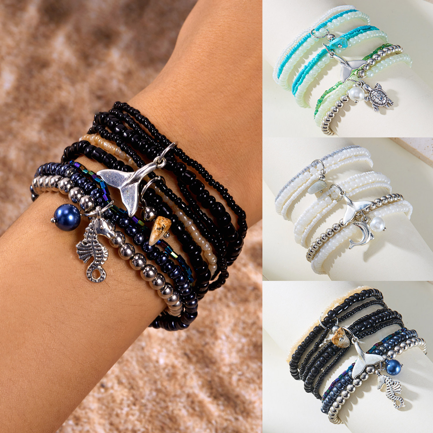 Wholesale Cross-border Bohemian Ocean Shell Turtle Fish Tail Rice Bead Bracelet 3-piece Set Small Fresh Beaded Sweet Necklace