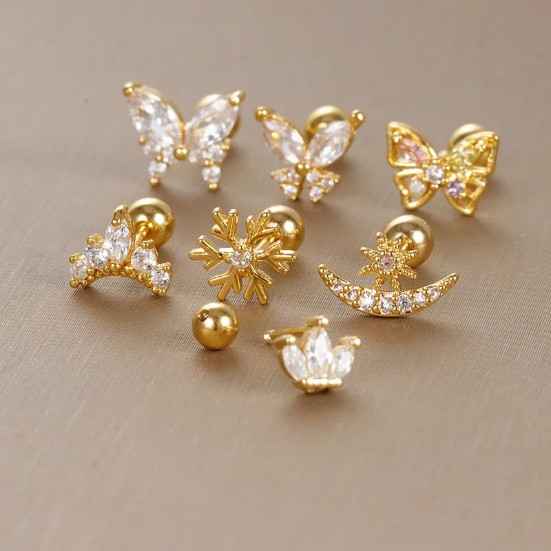 Wholesale 1 Piece Sweet Simple Style Moon Butterfly Snowflake Plating Inlay Stainless Steel Zircon Cartilage Earrings