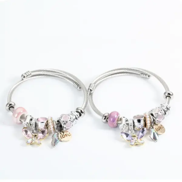 Wholesale Sweet Love Butterfly Titanium Steel Plating Artificial Crystal Artificial Pearls Bangle
