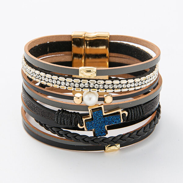 Wholesale Cross-border Hot Selling Jewelry Jewelry Bohemian Multi-layer Bracelet Woven Leather Cross Inlaid Pearl Bracelet