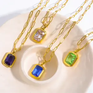 Wholesale Jewelry Vintage Style Square 304 Stainless Steel Zircon 18K Gold Plated Plating Inlay Stainless Steel Necklaces