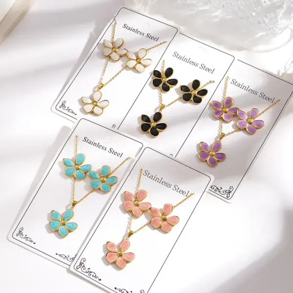Wholesale 304 Stainless Steel Oil Drop Five Leaf Flower Necklace Earring Set Women's Jewelry Accessories Holiday Casual Vacation Style