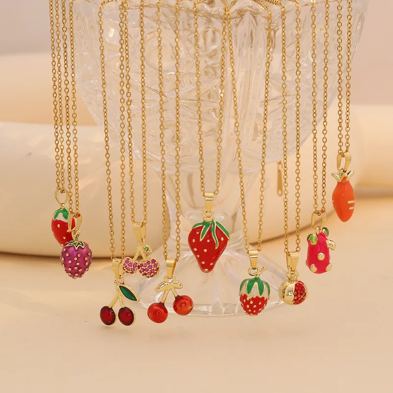 Wholesale Jewelry Cute Commute Fruit 304 Stainless Steel Copper Zircon 18K Gold Plated Inlay Pendant Necklace