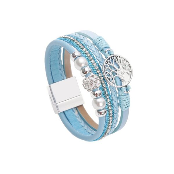 Wholesale Amazon ethnic style imitation pearl rhinestone ball magnetic clasp women's bracelet multi-layer PU leather woven bangle in stock