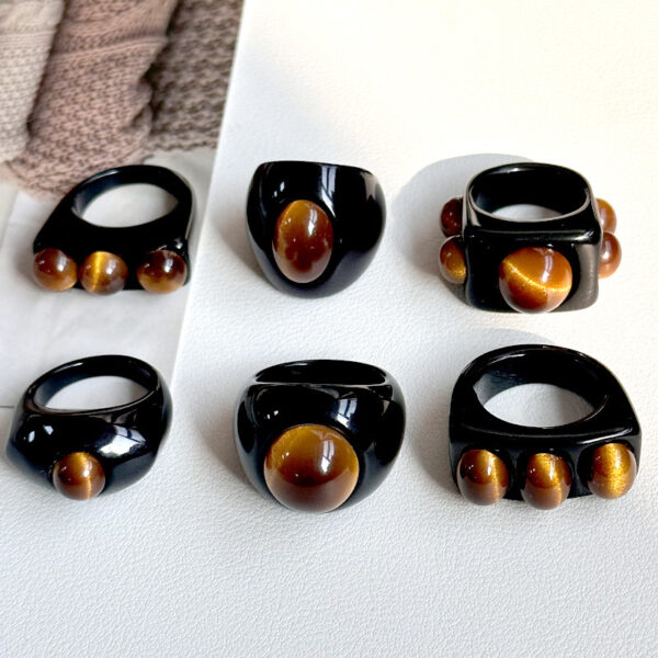 Wholesale brown imitation tiger eye round square geometric resin ring simple ring tide