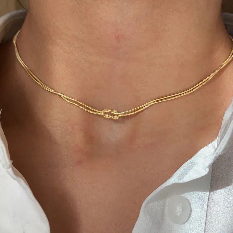 Wholesale PVD Coated 14K Gold Real Plated Solid Color Knot 304 Stainless Steel Modern Style Commute Waterproof Non Tarnish Double Layer Necklaces