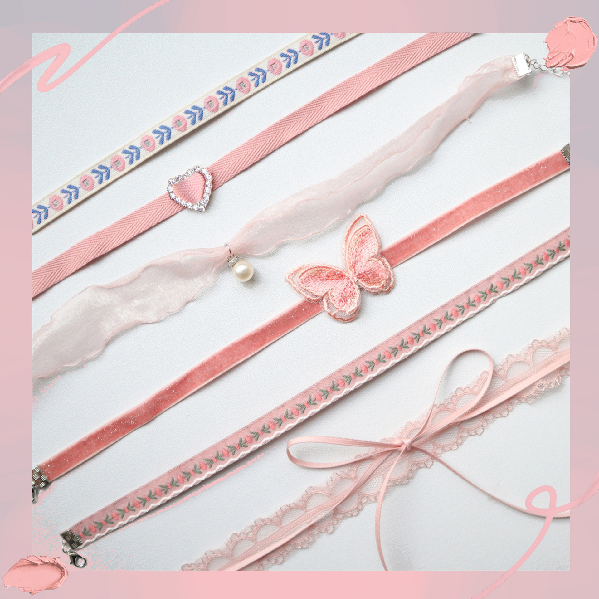 Wholesale Cross-Border New Jewelry Girl Neckband Pink Heart Pendant Necklace Choker Collar Clavicle Chain Butterfly Necklace