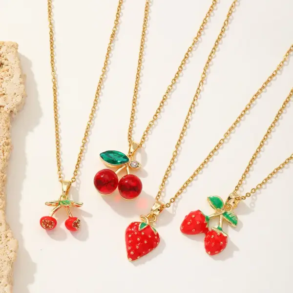 Wholesale Jewelry Cute Sweet Cherry Strawberry 304 Stainless Steel Copper Zircon 18K Gold Plated Enamel Inlay Pendant Necklace