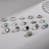 Wholesale Cross-border hot sale turquoise ring vintage carved black gem ring personality turtle flower combination 16-piece set for women