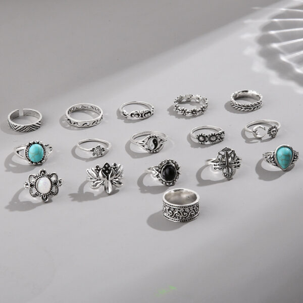 Wholesale Cross-border hot sale turquoise ring vintage carved black gem ring personality turtle flower combination 16-piece set for women